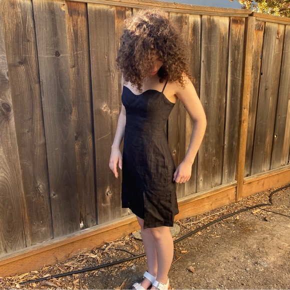 Reformation Black Linen Mini Dress with Slit and Tie Straps - Picture 3 of 10